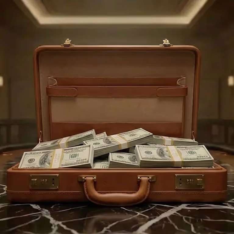 Skórzana walizka wypełniona plikami dolarów na marmurowym stole w kasynie SMARTPARI.